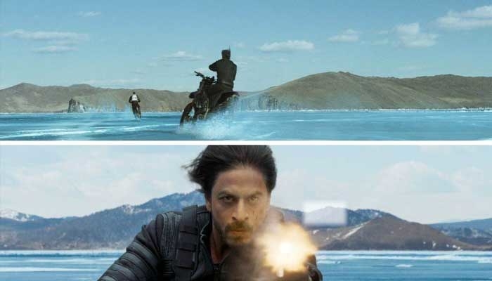 SRK shoots at someone while driving a motorbike on a frozen lake