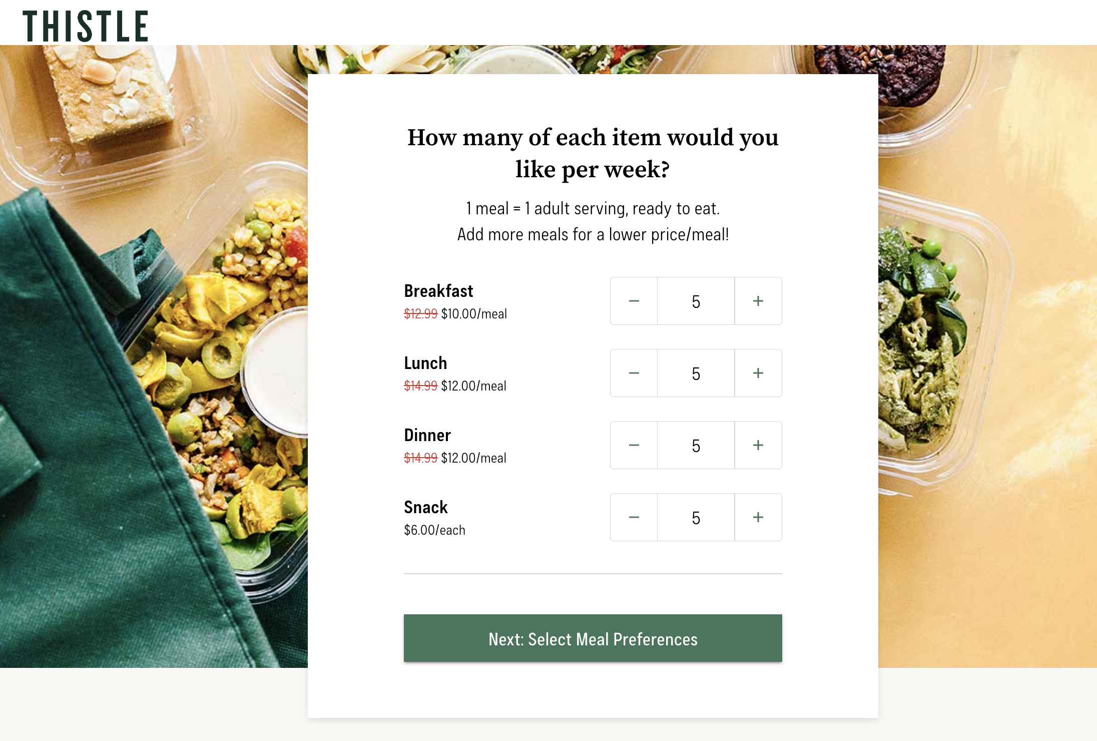 the sample page that asks how many meals you want a week