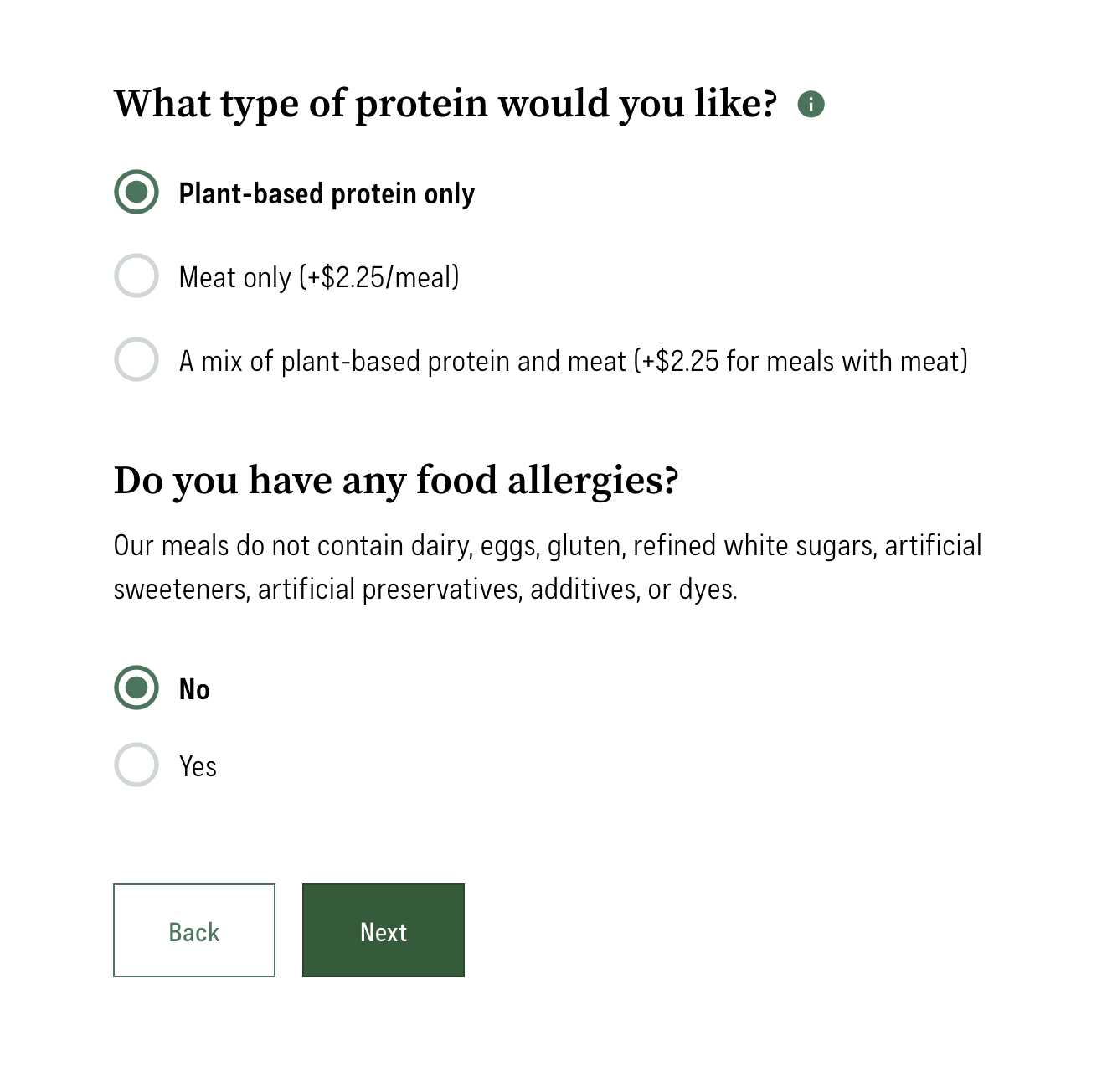 picture of the page asking what proteins you would like and if you have any allergies