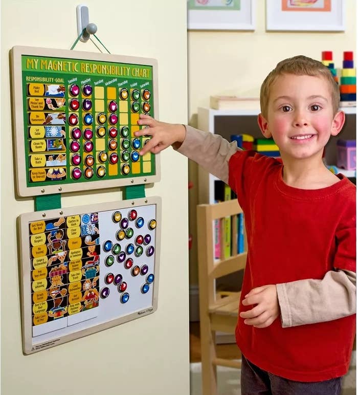 Child model showing off colorful magnetic chart