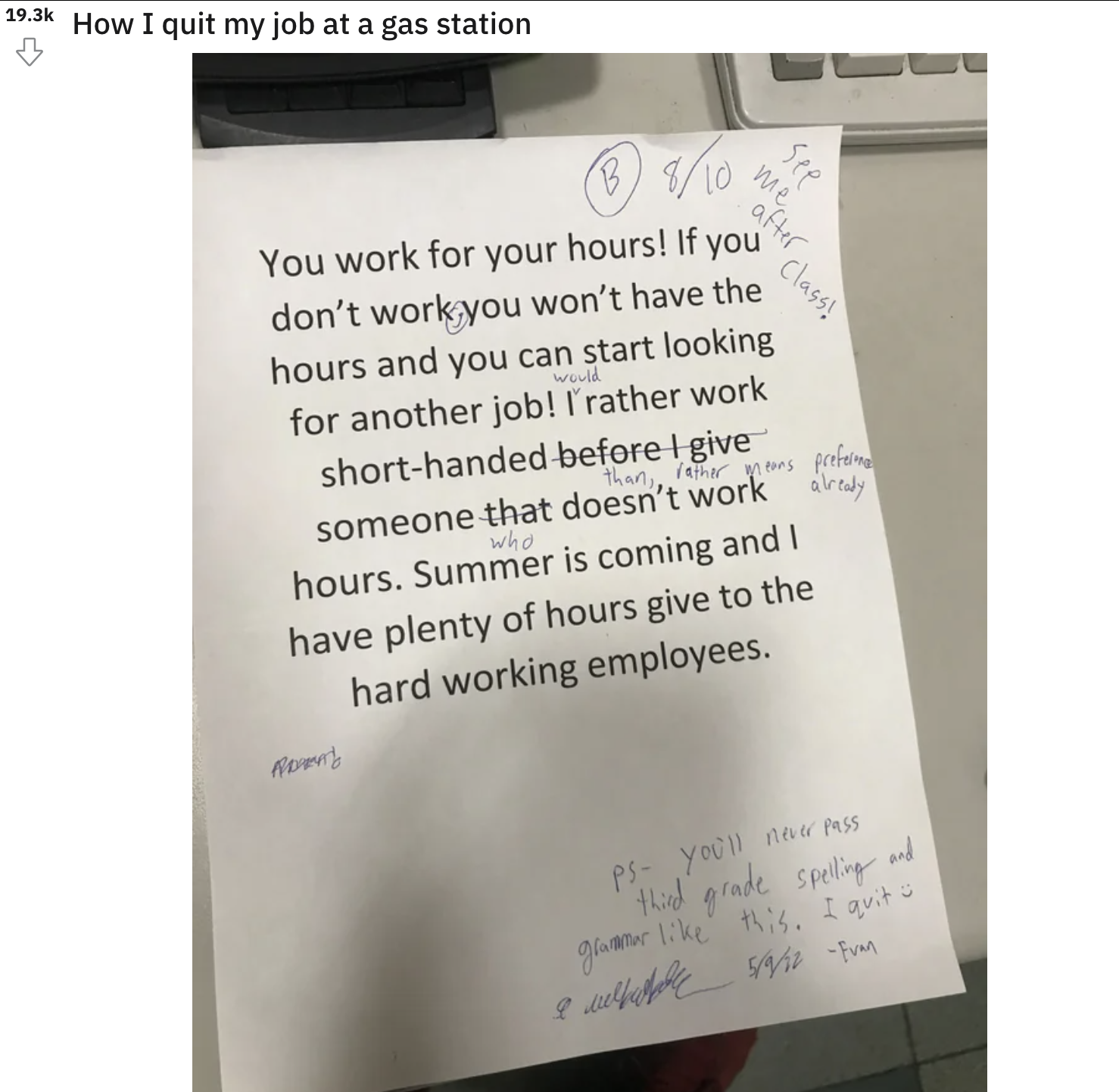 A company memo with writing on it