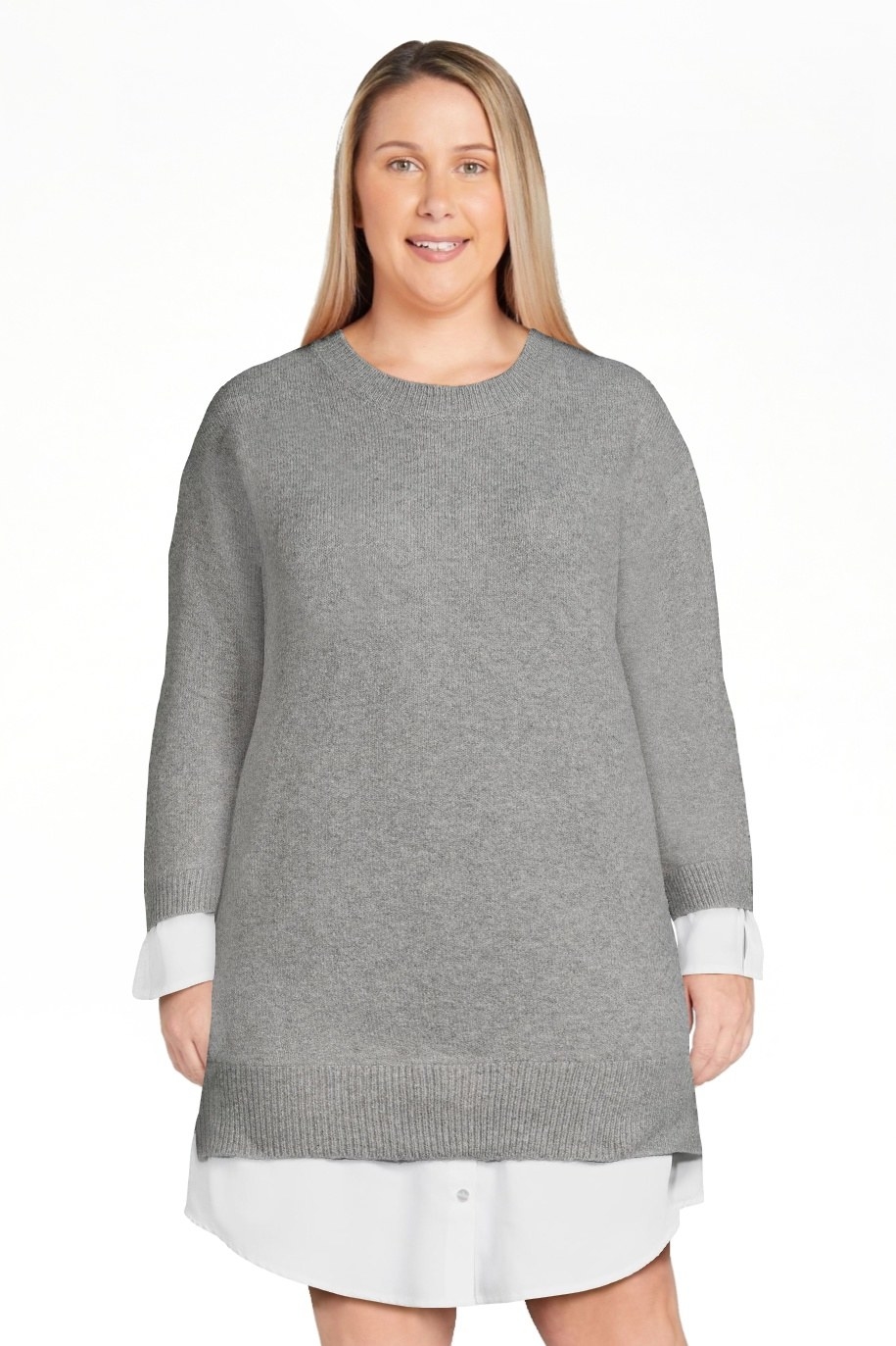 Model wearing grey and white dress