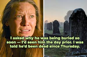 tess looking scared on the last of us and a dark graveyard captioned "I asked why he was being buried so soon — I'd seen him at the graveyard the day prior. I was told he'd been dead since Thursday