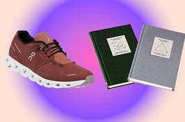 on left, red running sneaker. on right, green and gray journals designed for therapy