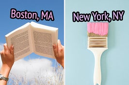 On the left, someone holding an open book up to the sky labeled Boston, MA, and on the right, a paint-covered paint brush labeled New York, NY