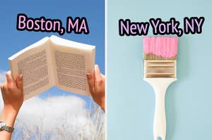 On the left, someone holding an open book up to the sky labeled Boston, MA, and on the right, a paint-covered paint brush labeled New York, NY