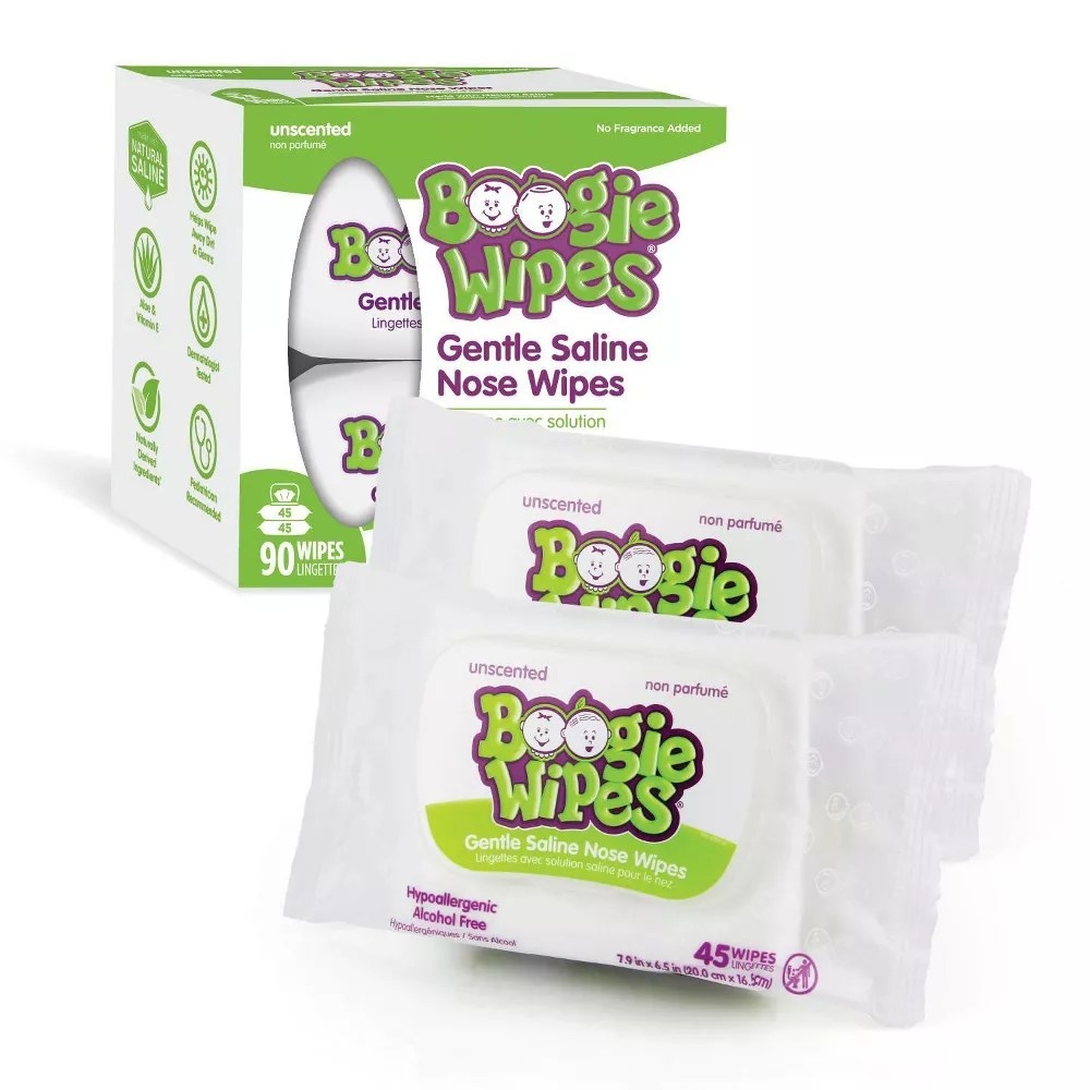 Two packs of Boogie Wipes and their box in white with green and purple logo