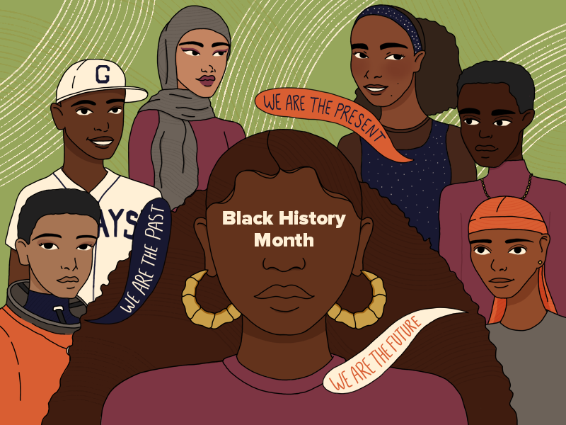 graphic for black history month 2023 featuring historic figures and present day people