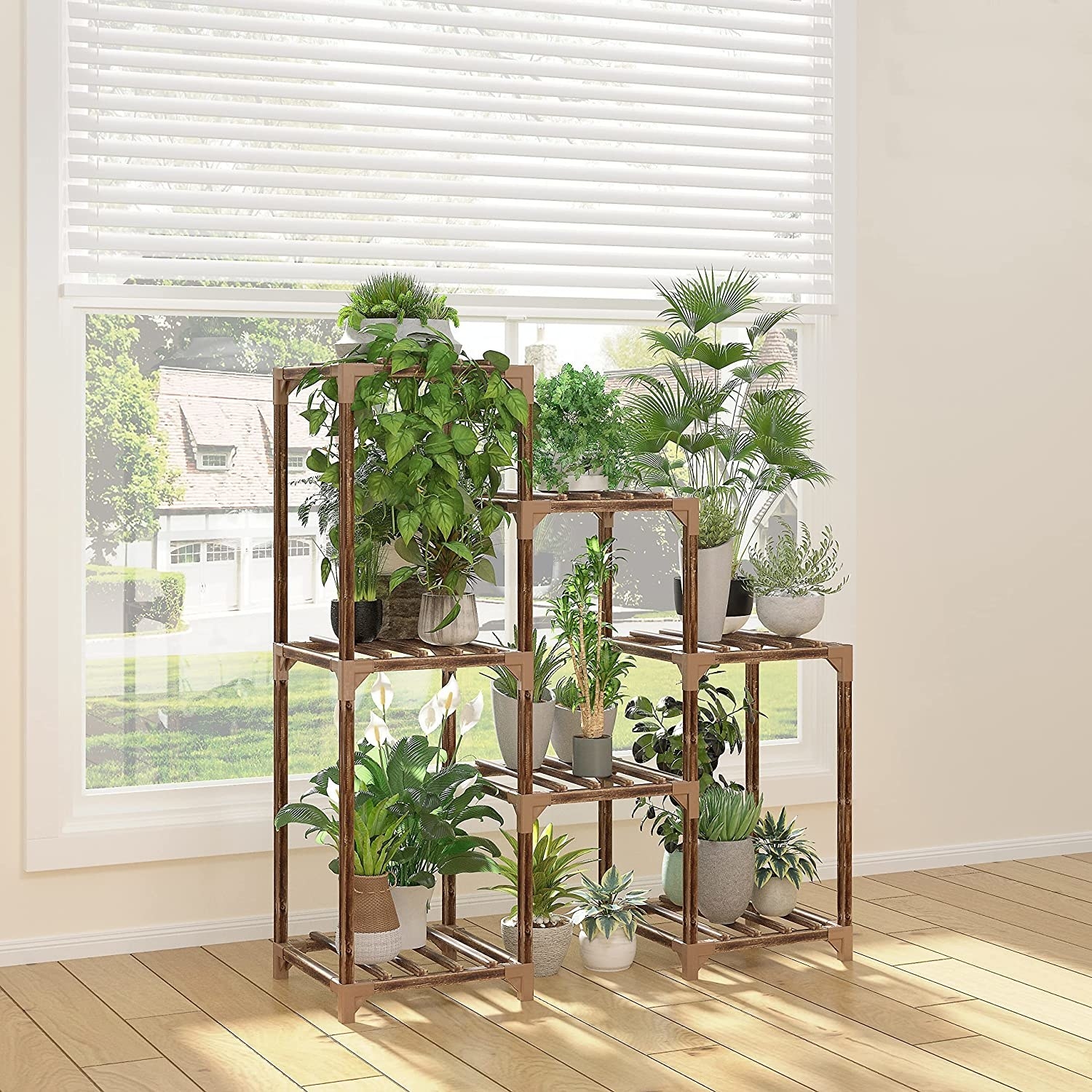 several plants on the seven-tiered plant stand