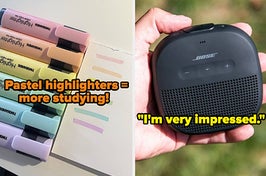 pastel highlighters; a hand holding a bose bluetooth speaker and text that reads "i'm very impressed"