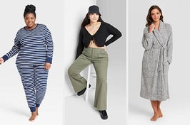 on the left a white and blue long striped PJ set, in the middle a cropped tie-front cardigan, on the right long grey robe