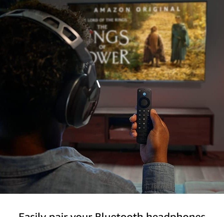 a person holding the voice remote pro while watching lord of the rings