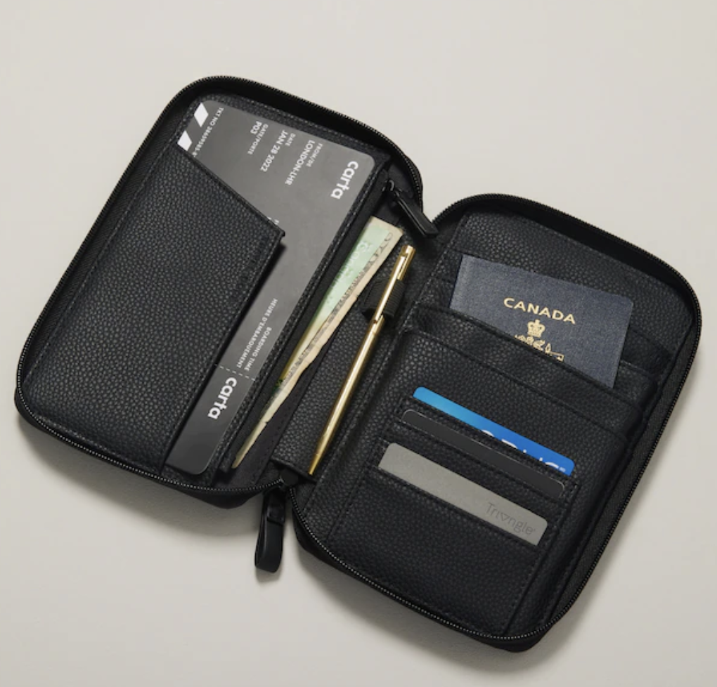 the travel wallet with a boarding pass, money, credit cards, and a passport in it