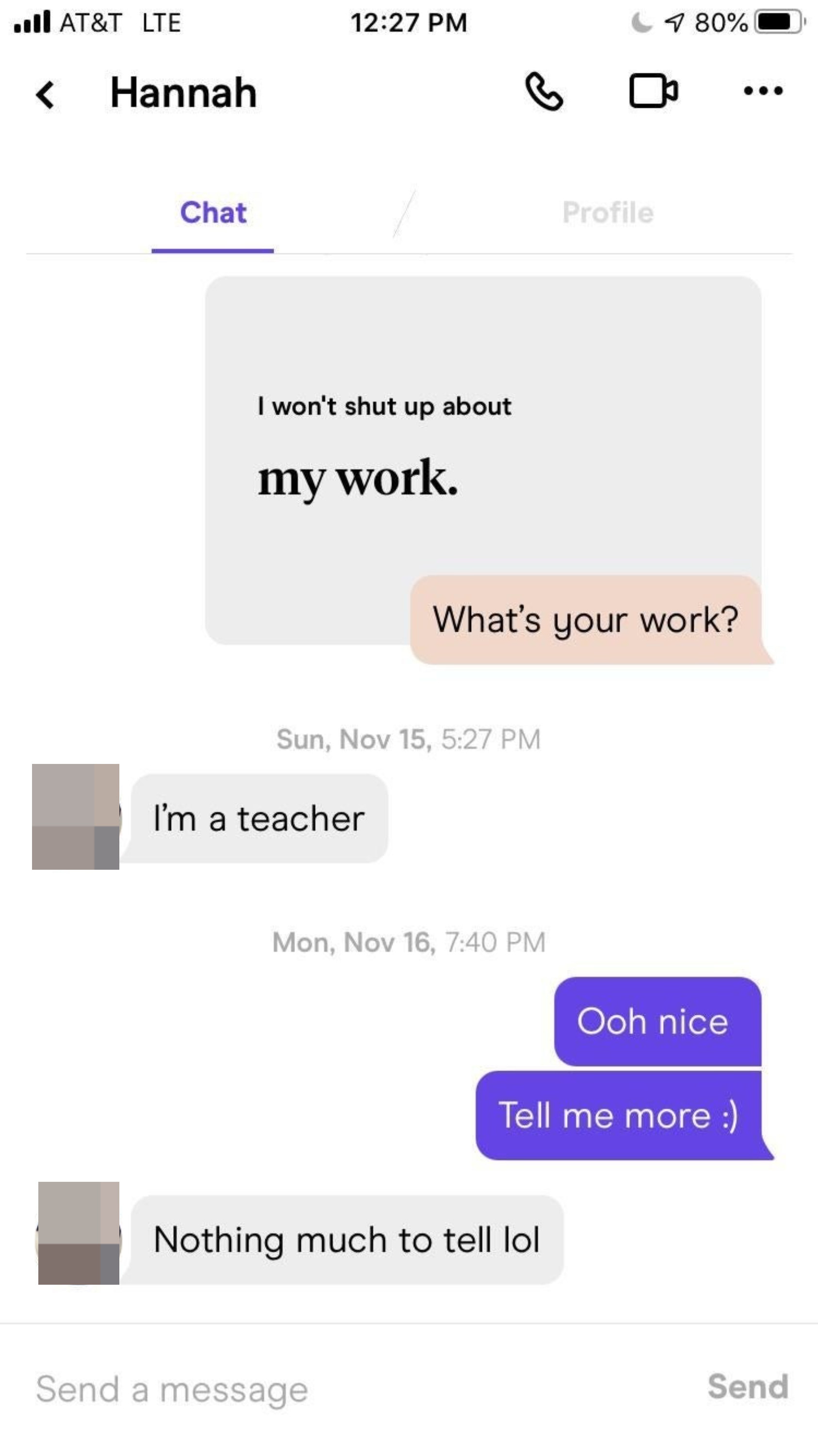 Screenshot from a Hinge conversation