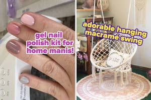 reviewer's painted nails done with gel kit / reviewer's hanging macrame swing