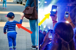 a woman holding her child's hand, and someone filming at a concert
