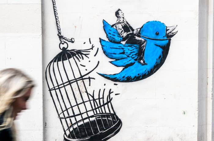 A mural of Elon Musk and the Twitter logo escaping a bird cage.