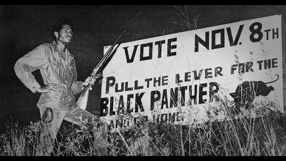 A man with a rifle stands in front of a Black Panther sign