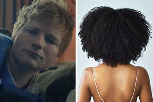 On the left, Ed Sheeran in the Celestial music video, and on the right, the back of someone with curly head