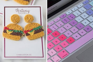 cheeseburger earrings and pastel keyboard cover
