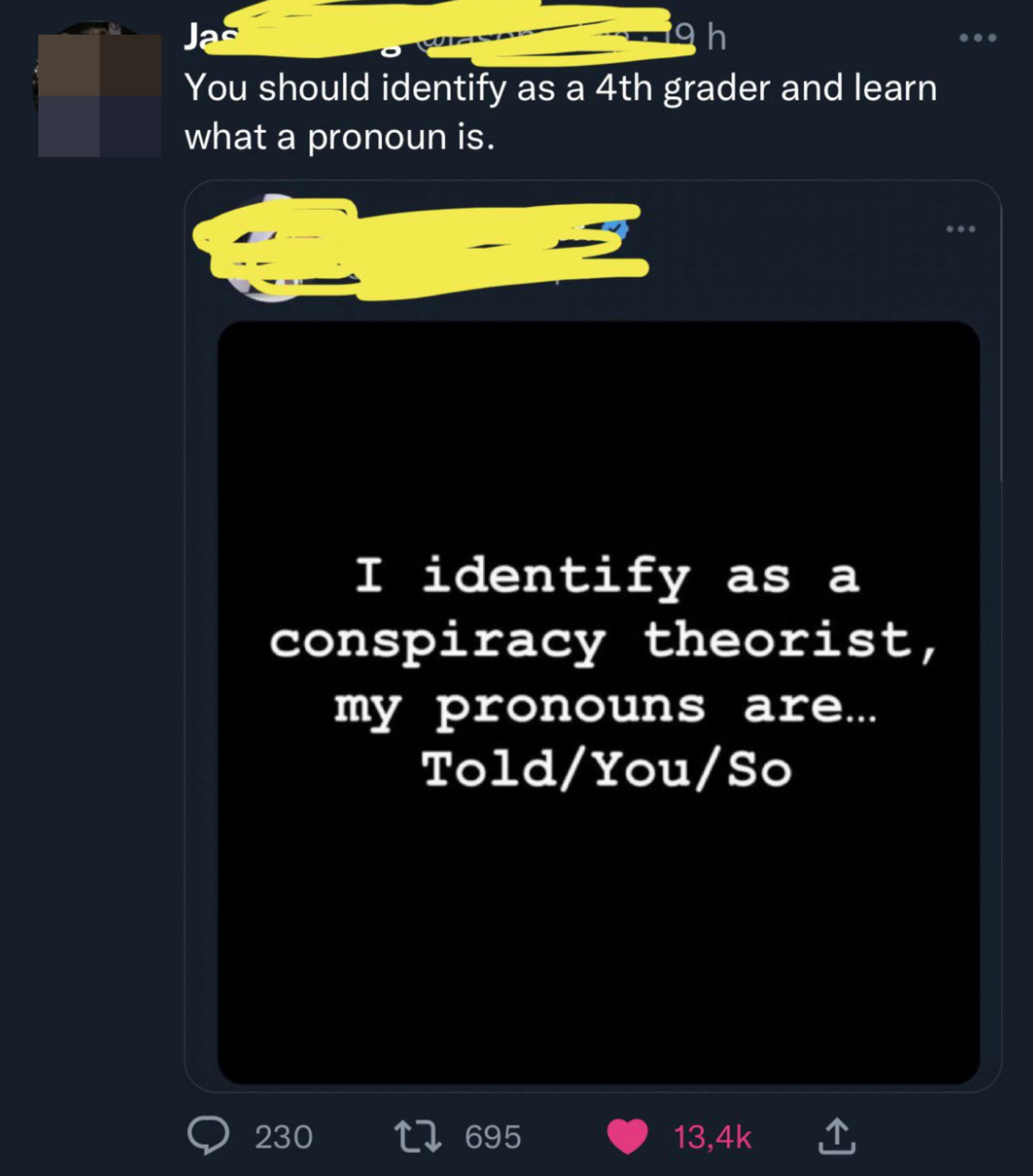 &quot;my pronouns are... Told/You/So&quot;