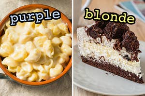 On the left, some white cheddar mac and cheese labeled purple, and on the right, a slice of cheesecake topped with brownies labeled blonde