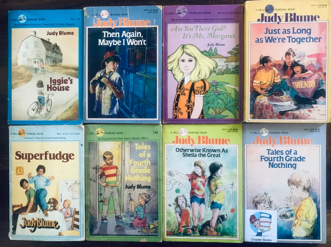A collection of 8 different Judy Blume books with hand-drawn covers