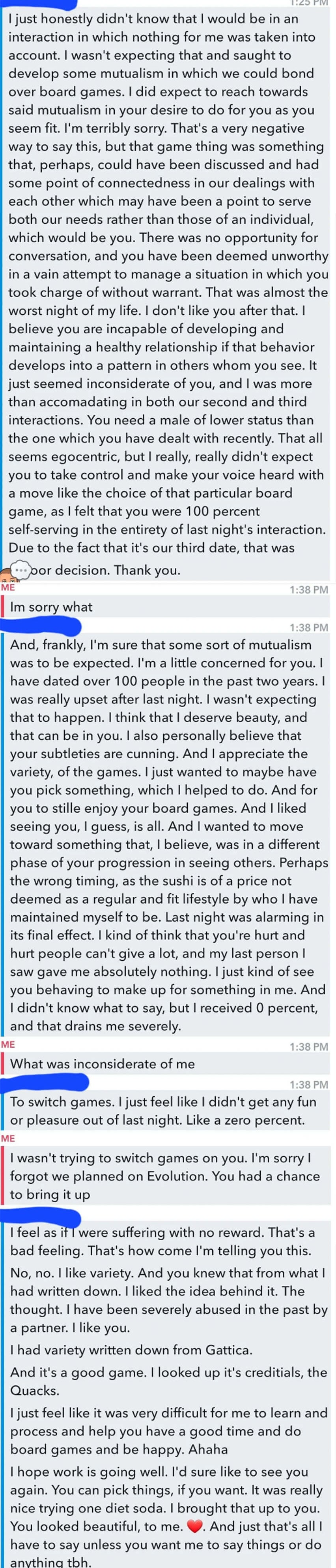 The man sends a long text about how he feels disrespected, the woman is confused, and the man specifies that he wanted to play a different game