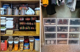 side by side of an organized pantry and boxes of neatly organized shoes
