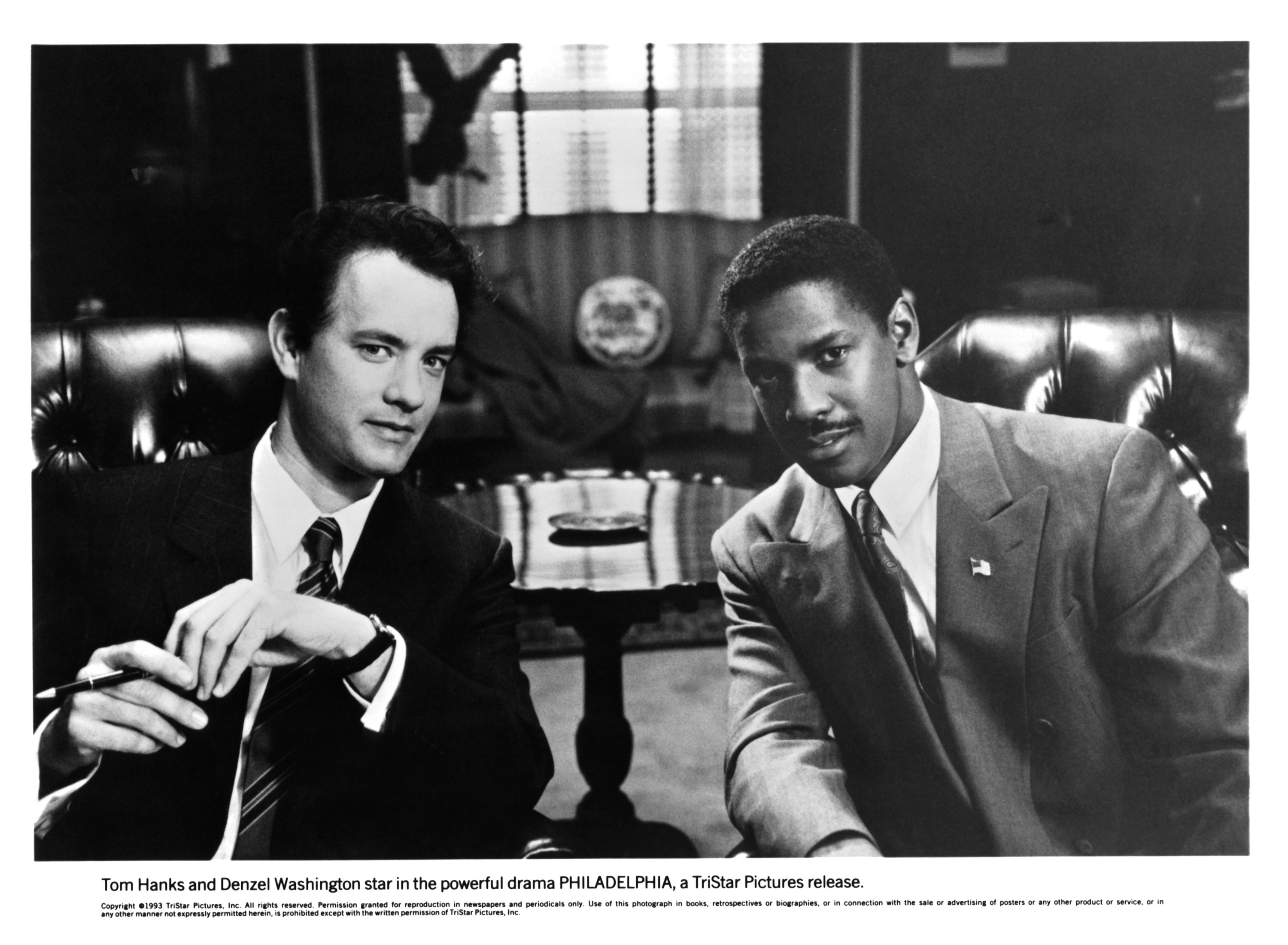 Actors Tom Hanks and Denzel Washington on the set of the Tri Star movie &quot; Philadelphia&quot;