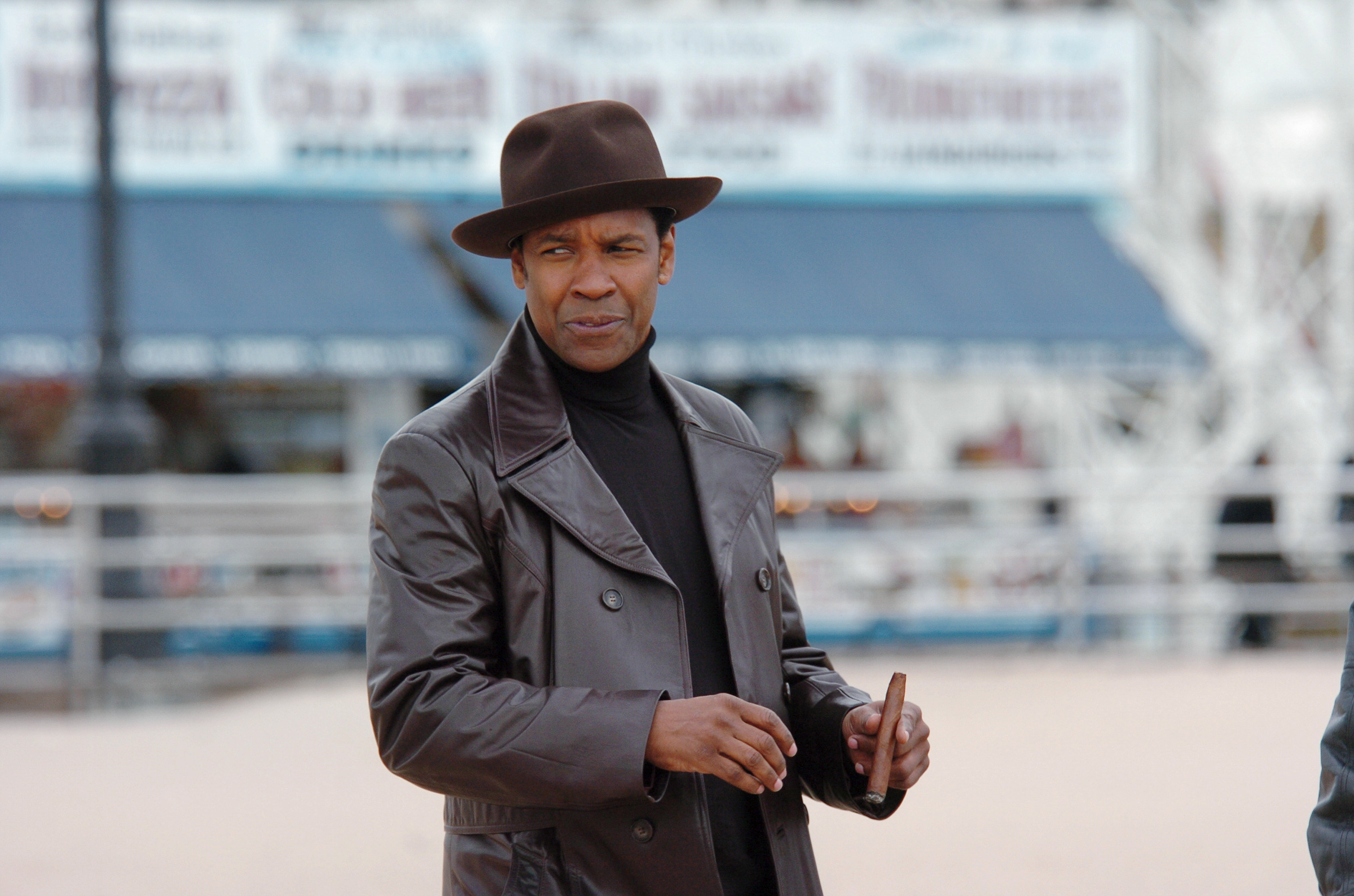 Denzel Washington is on the beach at Coney Island where he is filming scenes for his new movie &quot;American Gangster.&quot;