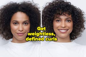 A model with curly hair and then with more defined curls