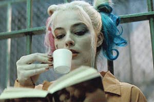 harley quinn drinking espresso and reading a book