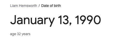A Google search showing Liam&#x27;s birthday as January 13, 1990
