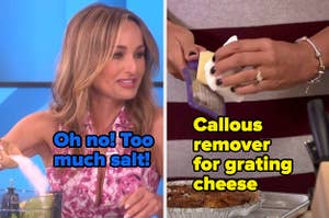 On the left is Giada pouring too much salt into a blender and on the right is a woman grating cheese with a callous remover