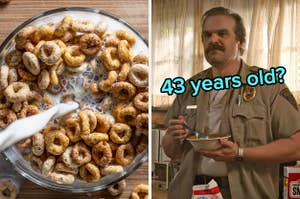 On the left, someone pouring milk into a bowl of Cheerios, and on the right, Hopper from Stranger Things eating cereal labeled 43 years old