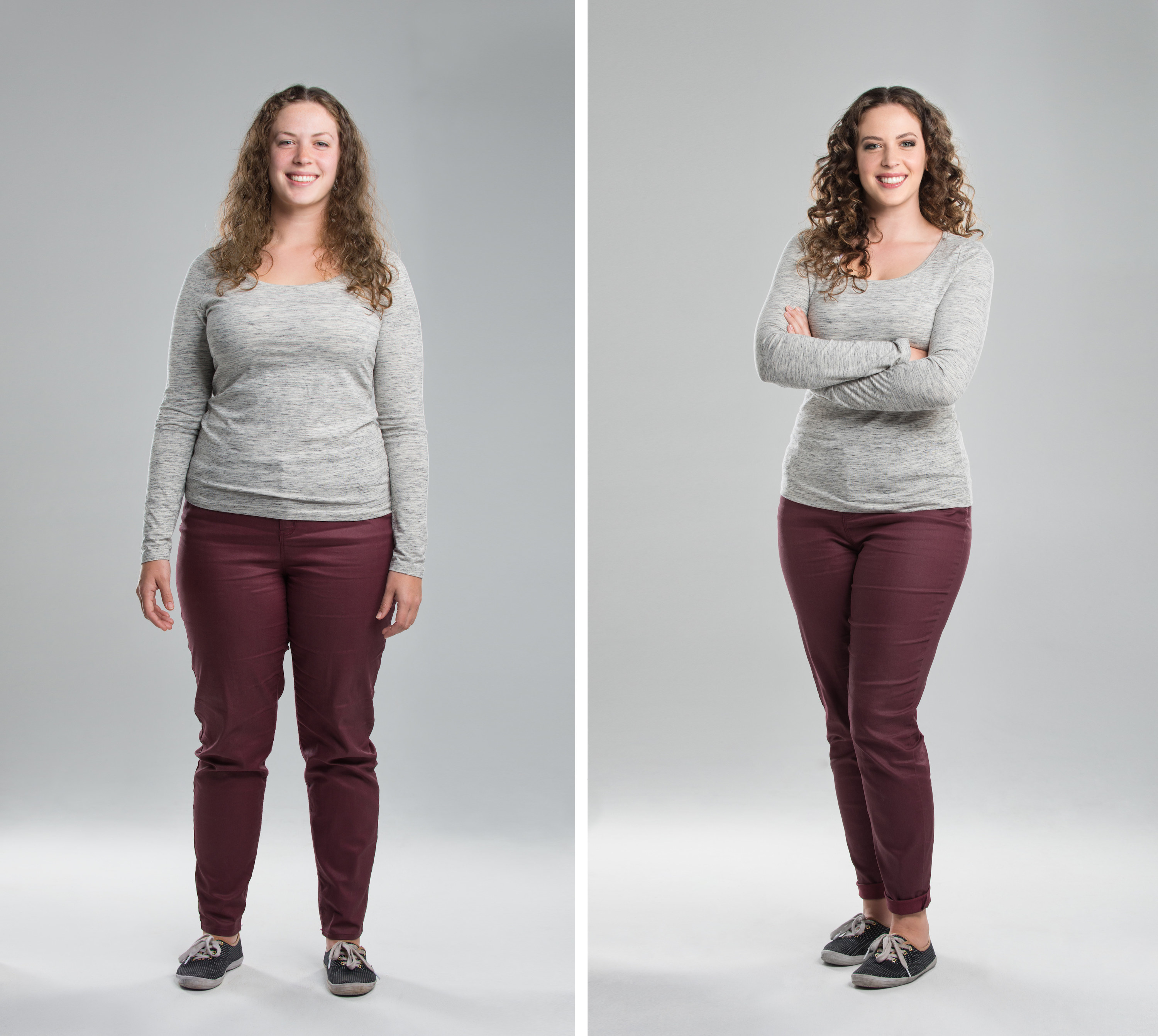 Two views of a woman in a long-sleeved top and pants