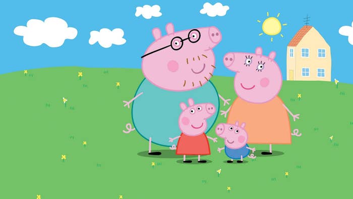 peppa pig and her family, animated and drawn pigs who wear clothes and smile