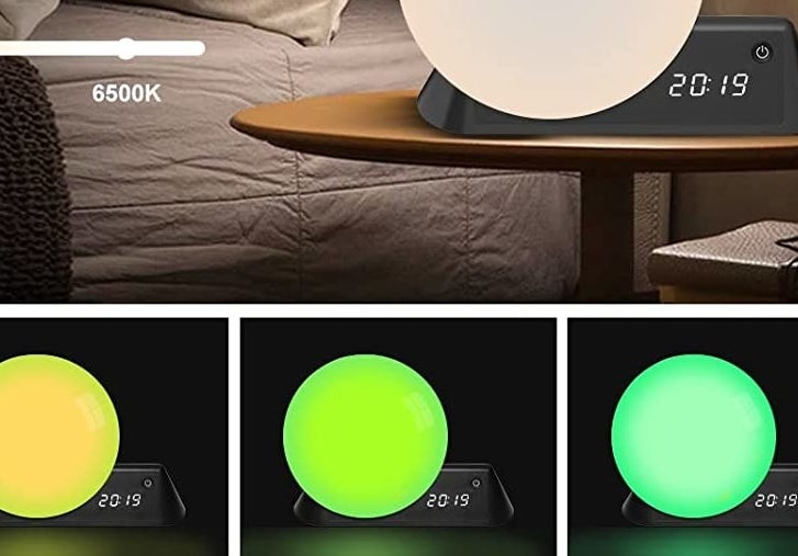 the sunrise lamp with the time displayed on a nightstand