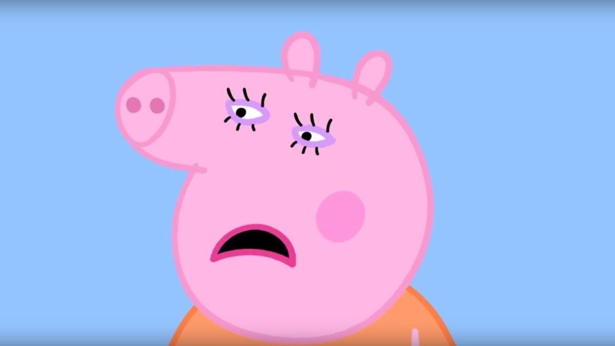 an adult animated pig frowns with her mouth open