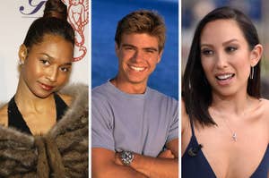 Chili wears a black halter-style dress under a brown fur shaw. Matthew Lawrence wears a blue T-shirt and silver watch. Cheryl Burke wears a navy blue dress with a silver cross necklace and earrings.