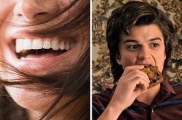 On the left, a closeup of someone's laughing mouth, and on the right, Steve from Stranger Things eating fried chicken