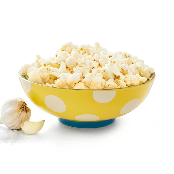 the popcorn in a polka dot bowl