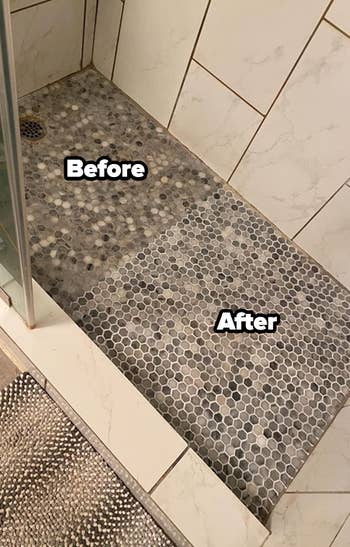 reviewer photo showing part of their shower's grout looking dirty and part of it looking bright and white after being treated with the grout pen