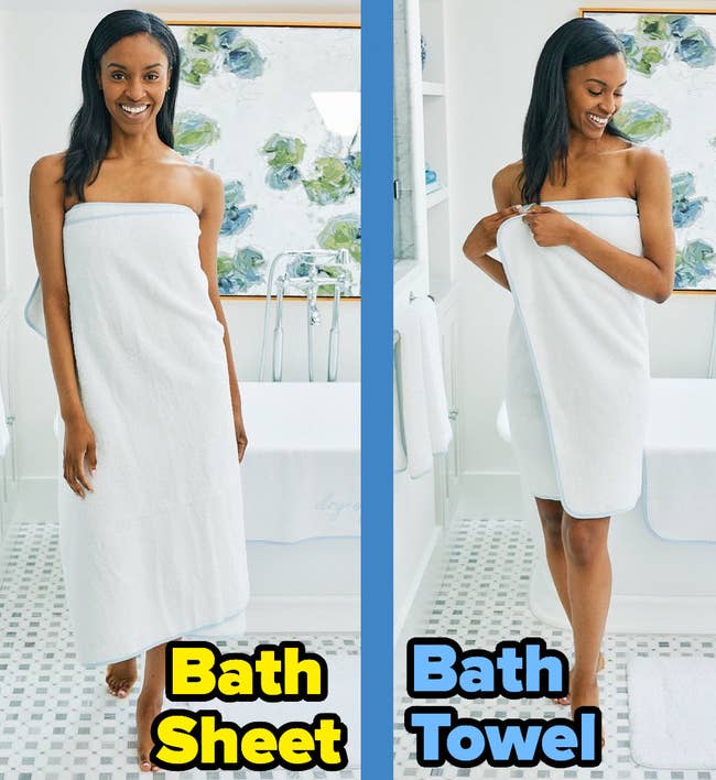 on the left, a model wearing a long bath sheet and, on the right, the same model wearing a shorter bath towel 