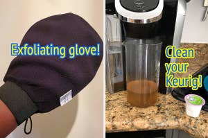 on left, hand wearing black exfoliating glove. on right, Keurig cleaning cup next to coffee machine cup with brown water filtered out with the cleaning cup