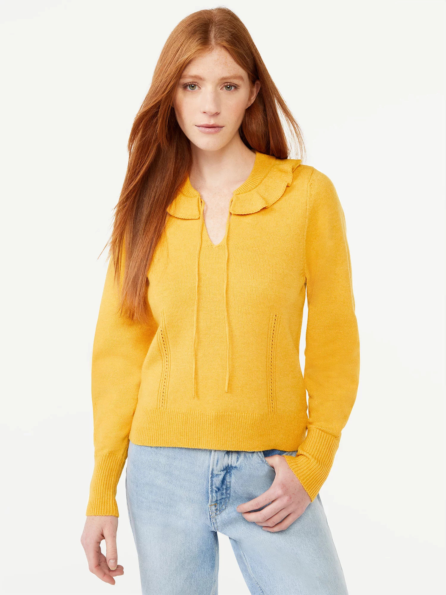 Model wearing the mineral yellow sweater