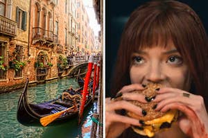 On the left, a gondola in a canal in Venice, and on the right, Anya Taylor-Joy eating a cheeseburger as Margot in The Menu