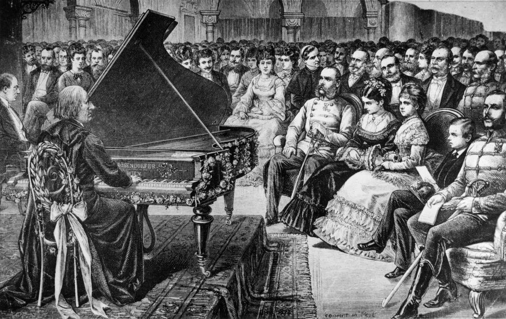 drawing of a man playing piano in front of a seated crowd