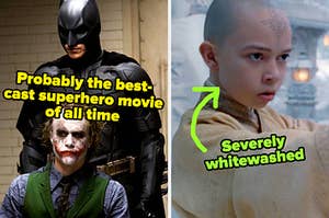 batman and joker in the dark knight captioned "Probably the best-cast superhero movie of all time" and aang in the last airbender movie captioned "severely whitewashed"